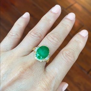 14k Solid Real Gold Oval Jade CZ Women Ring
